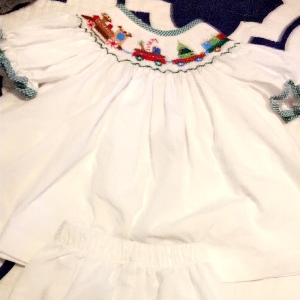White smocking Christmas train with green details size 12 months